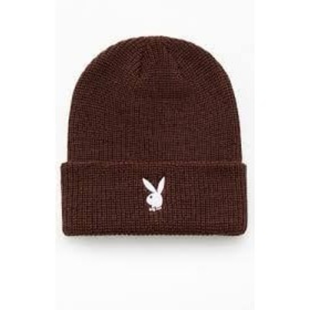 NWT Playboy by PacSun White Embroidered Bunny Logo Brown Cuffed Knit Beanie OS